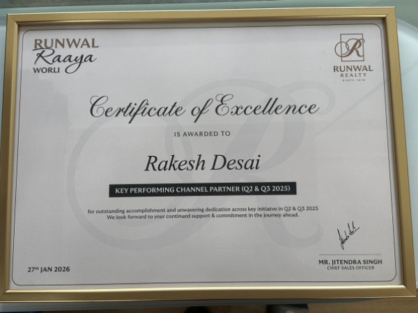 Certificate of Excellence from Runwal Realty