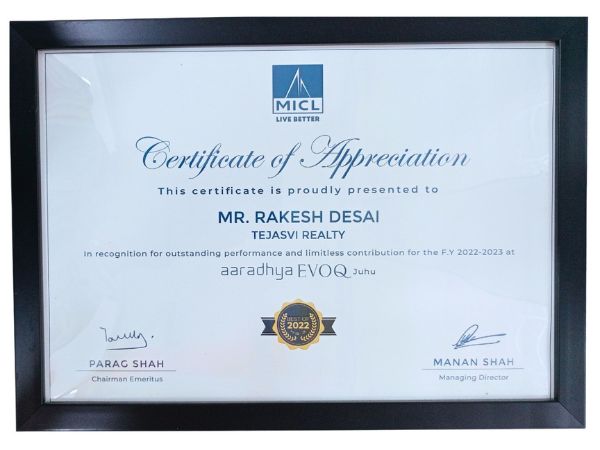 Certificate of appreciation from MICL
