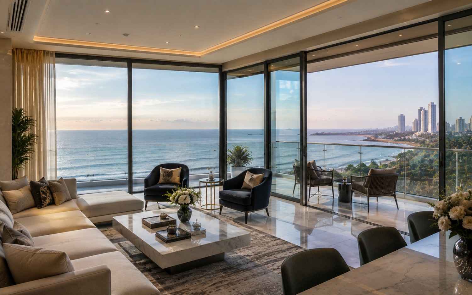Luxury apartment balcony and large windows in Mumbai