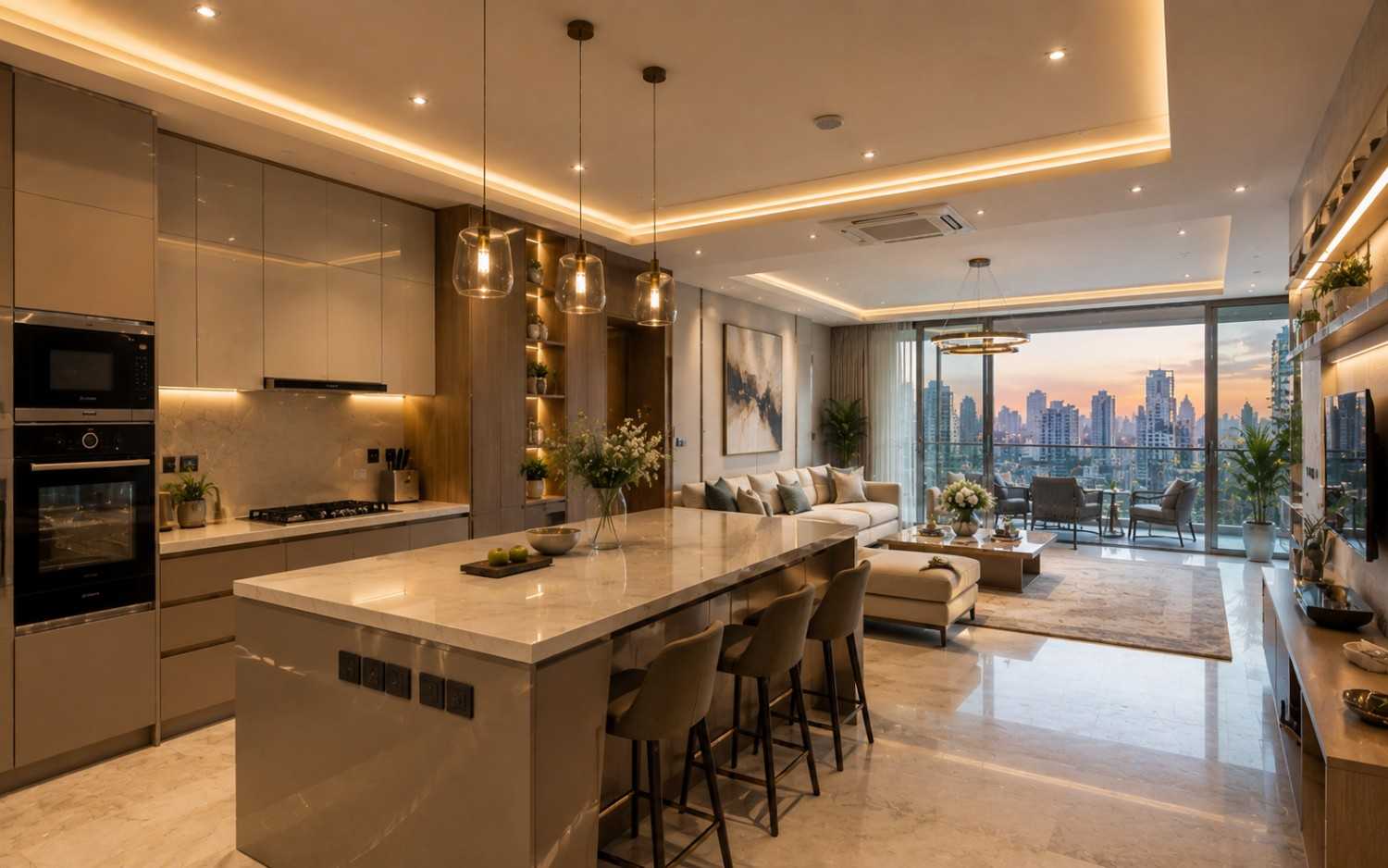 Modern luxury apartment kitchen and living space