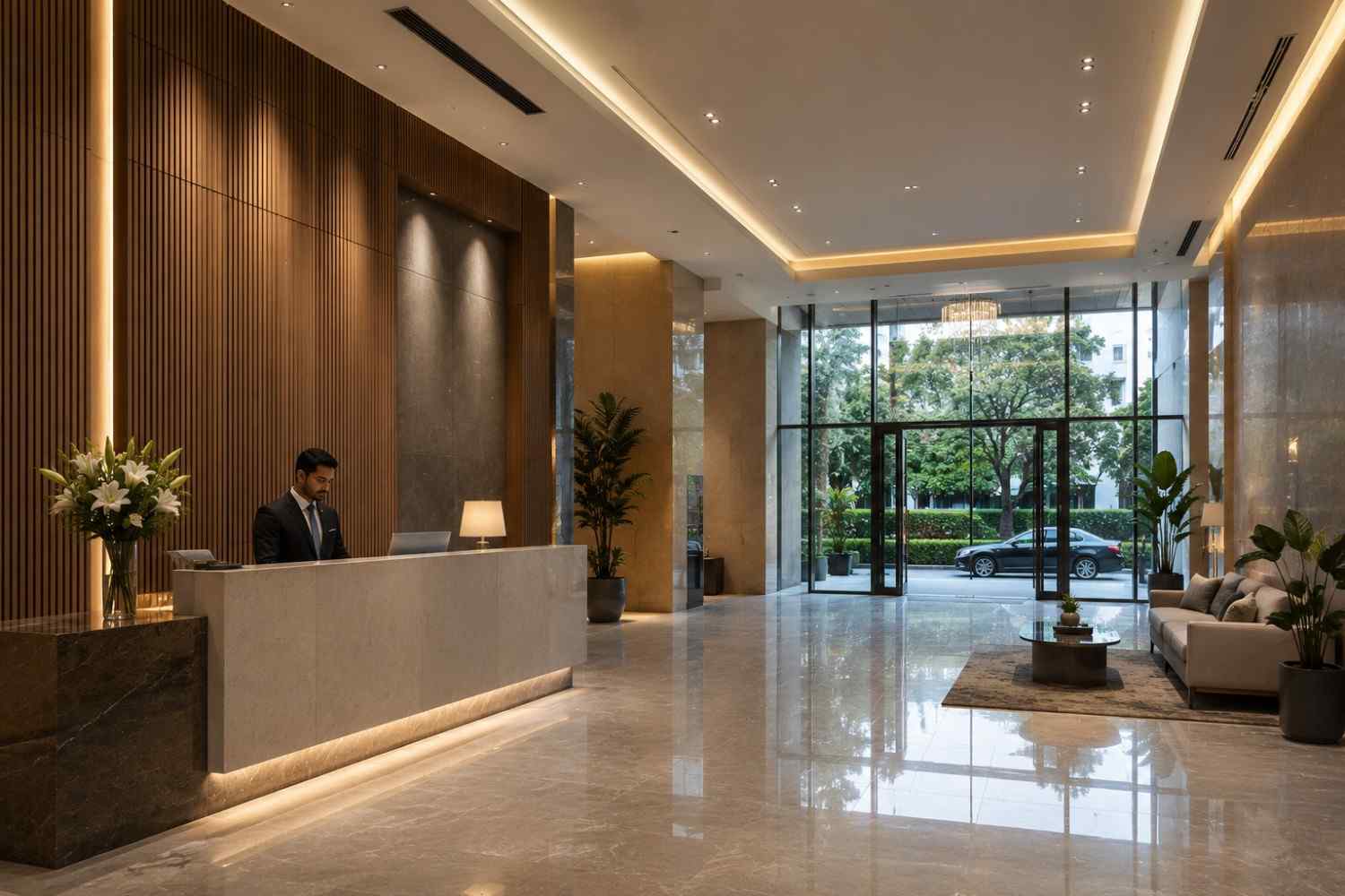 Luxury residential building lobby and security entrance